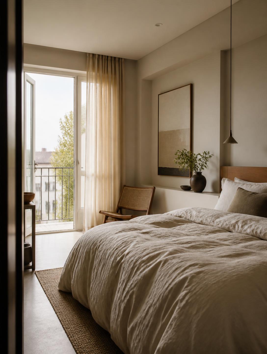 Marina Plaza Residence — Quarto com roupa de cama em linho e varanda