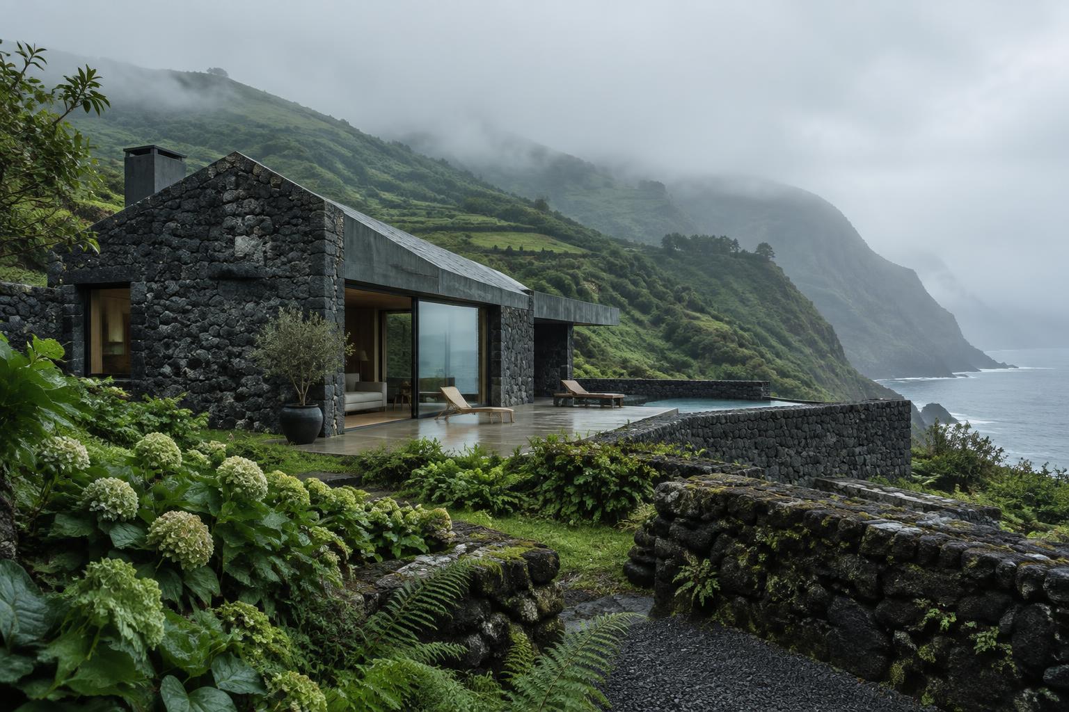 Casa em construção nos Açores, em pedra vulcânica escura, com encostas verdes e mar enevoado