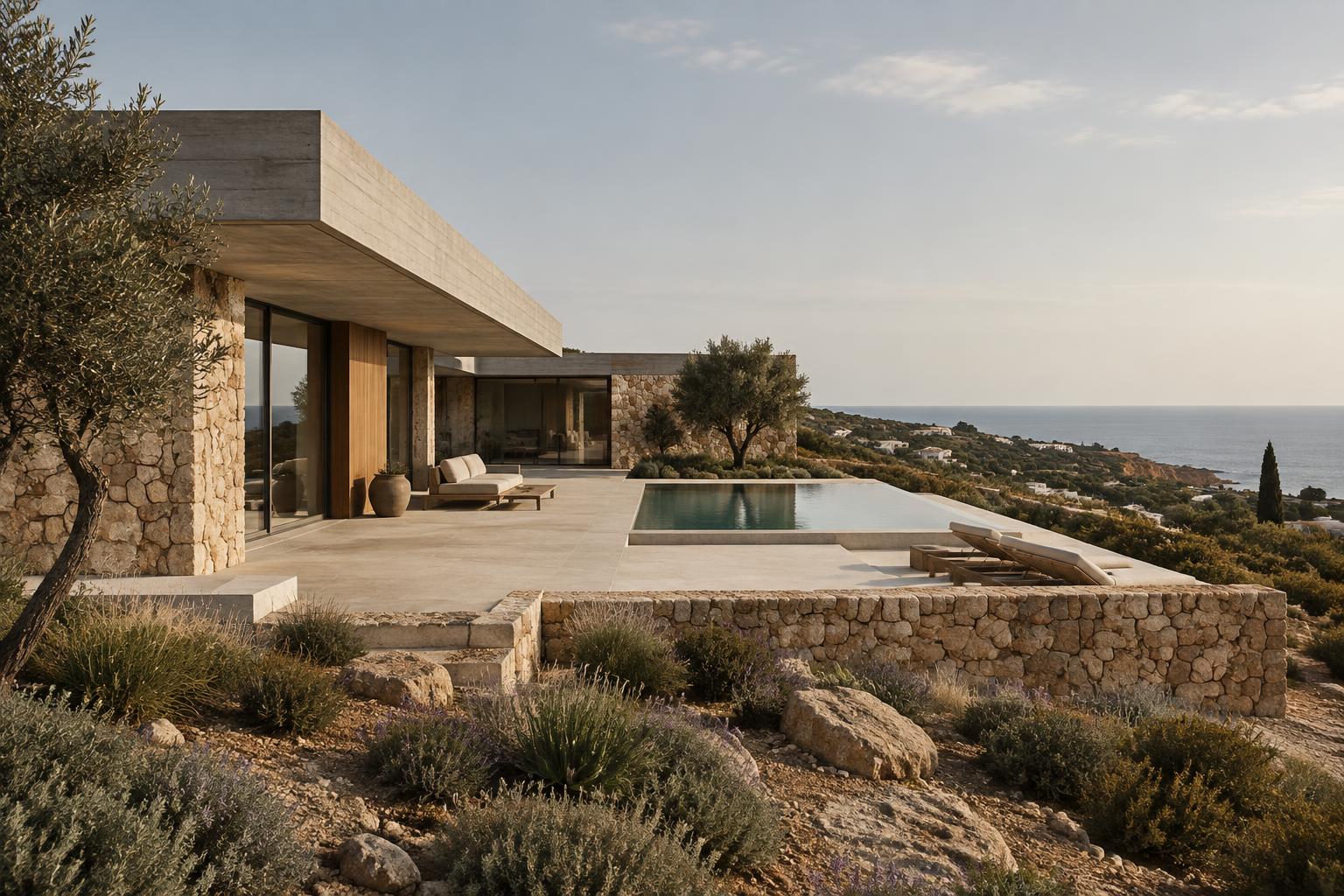 Moradia moderna em construção no Algarve, em betão e pedra, com o mar ao fundo