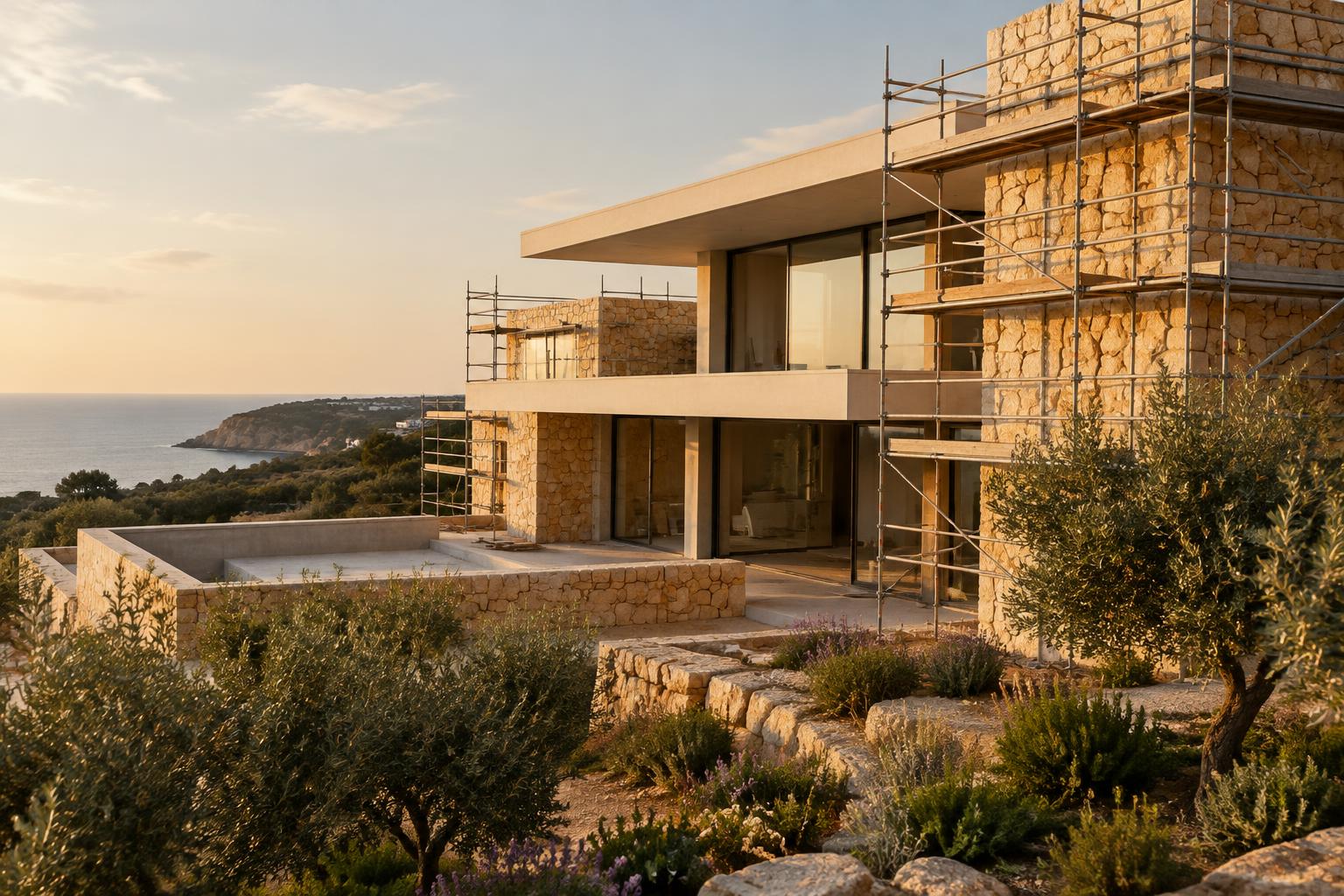 Moradia moderna em construção no Algarve, com andaimes e paredes em pedra dourada ao pôr do sol