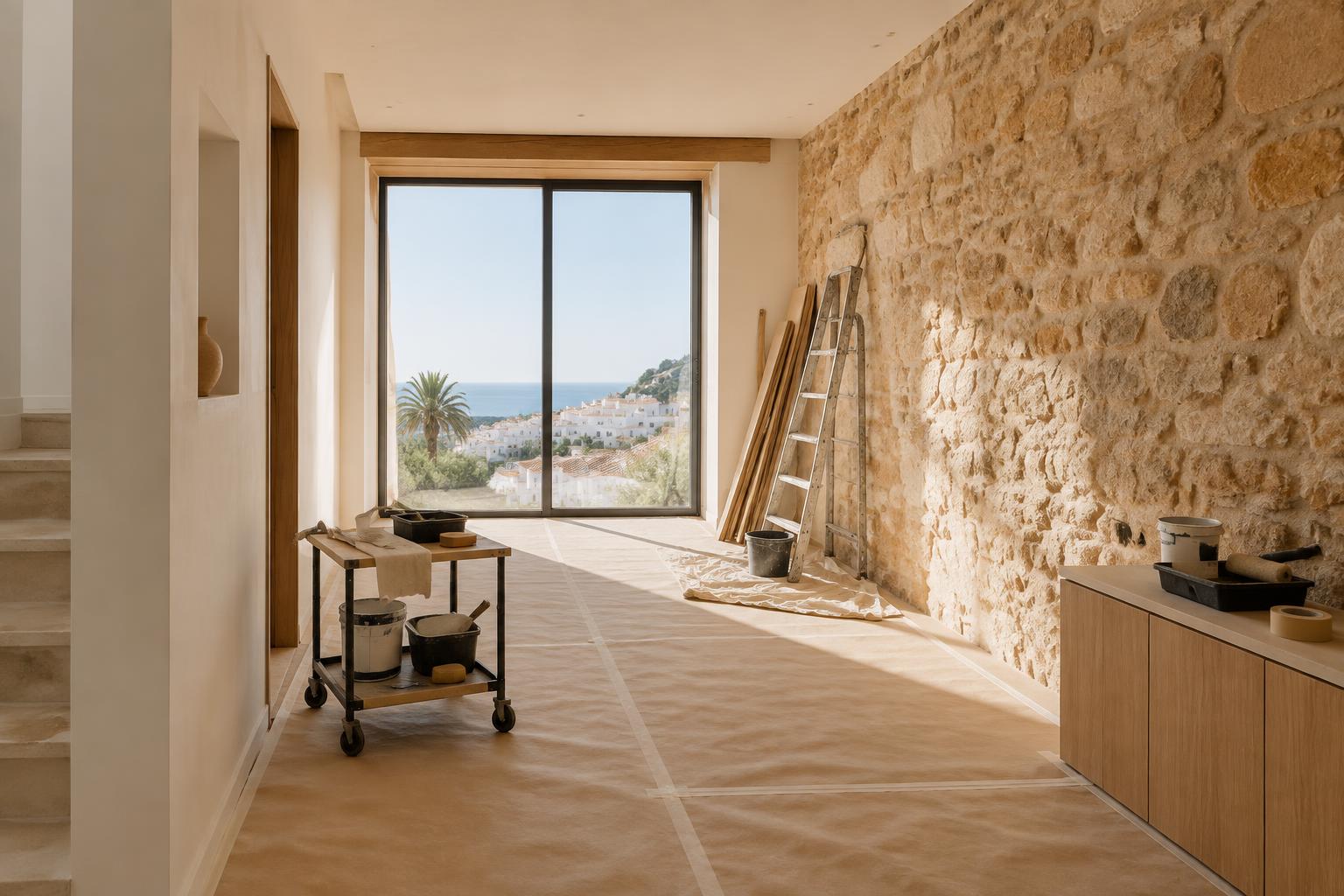 Interior de casa em remodelação no Algarve, com luz natural, escada e parede em pedra